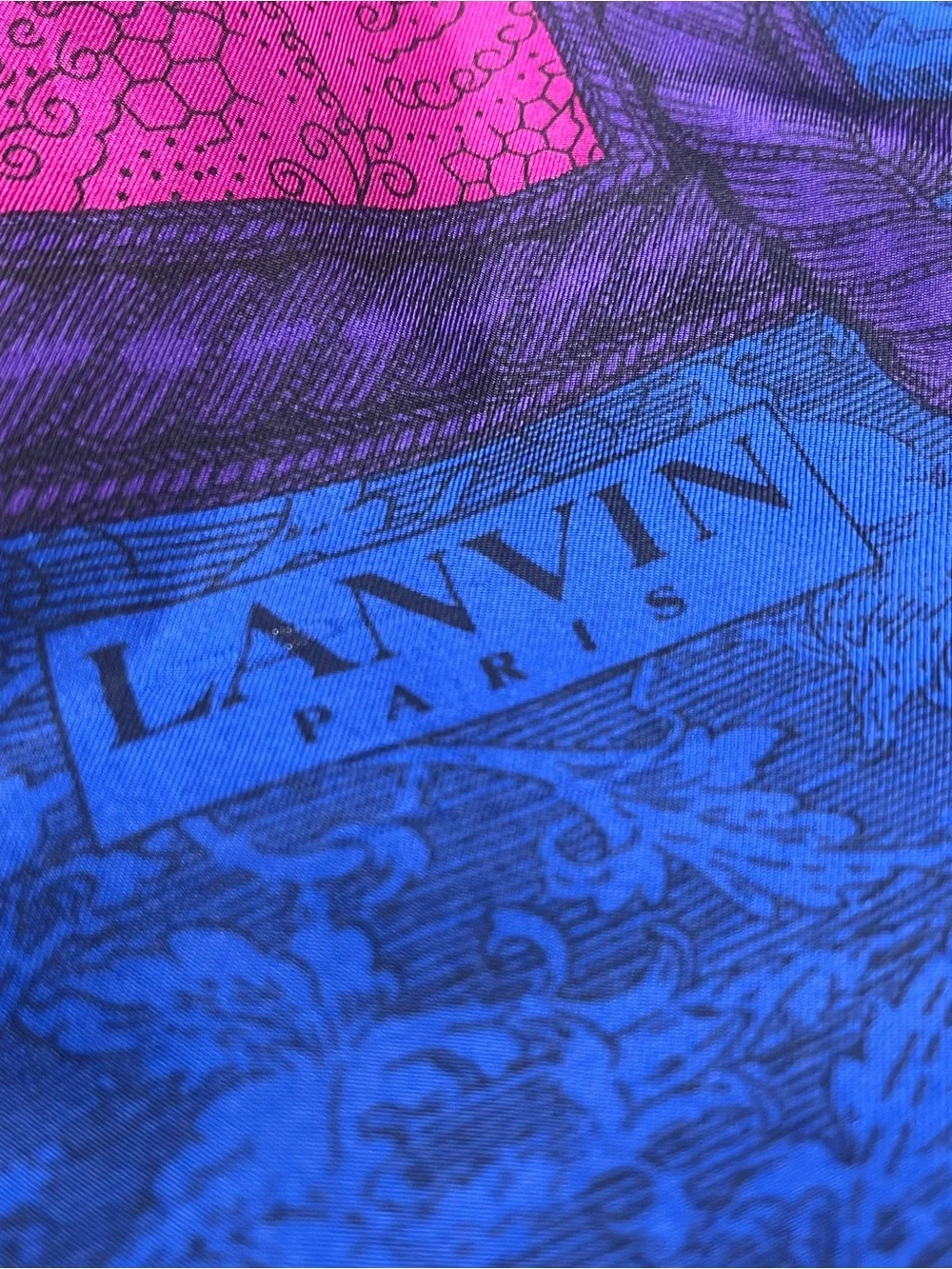 VTG Lanvin Paris 100% Silk Scarf Paisley Tassel Blue Magenta Purple 30” Italy